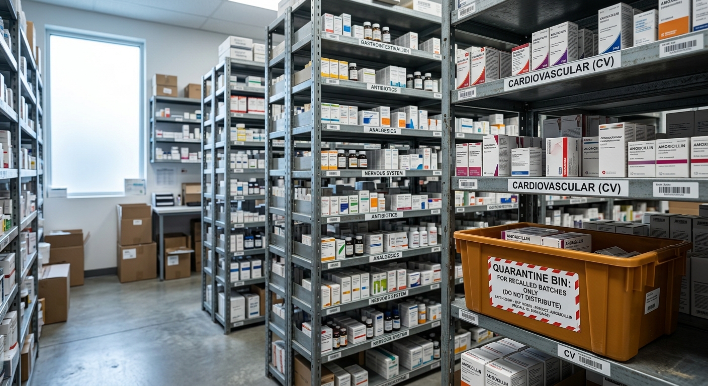 Prompt to generate image: ultra-realistic wide photograph of a pharmacy back-office with tall metal shelving organised by therapeutic class, one amber quarantine bin clearly labelled for recalled batches, cool clinical daylight, shallow depth of field, no people